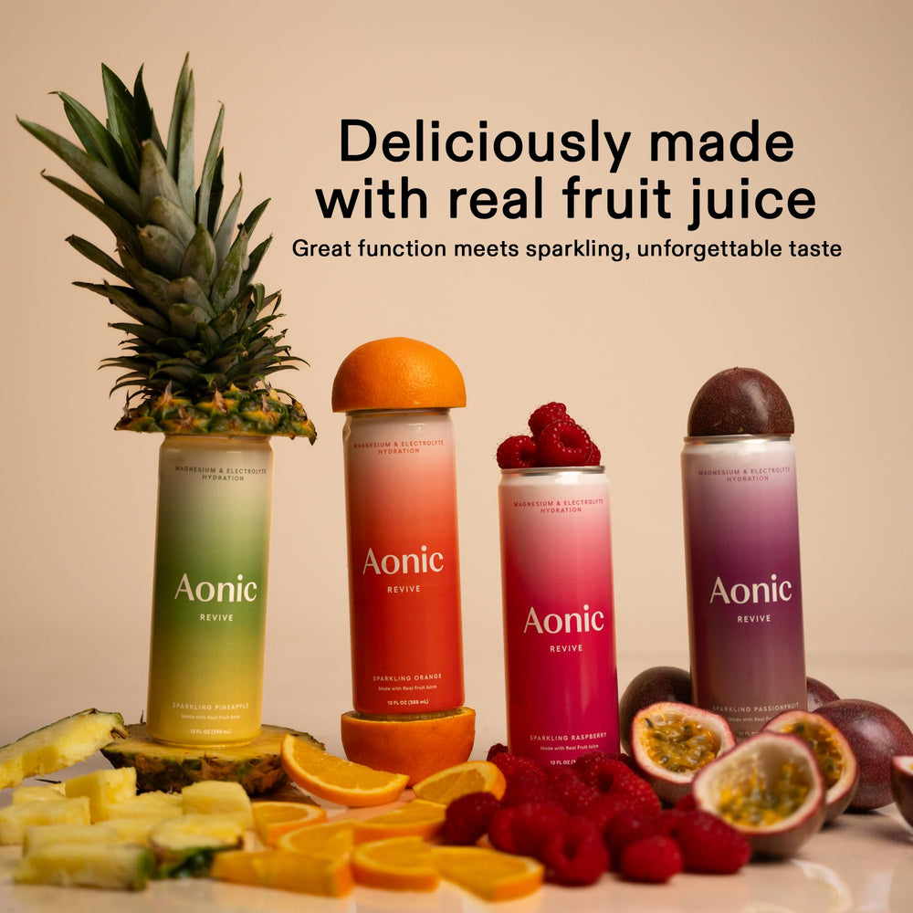 Aonic Revive Sparkling Raspberry ingredients label emphasizes magnesium and potassium benefits