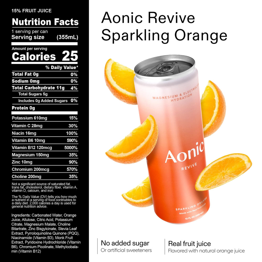 Aonic Revive variety-pack display showing convenient 12-pack for workouts and office days