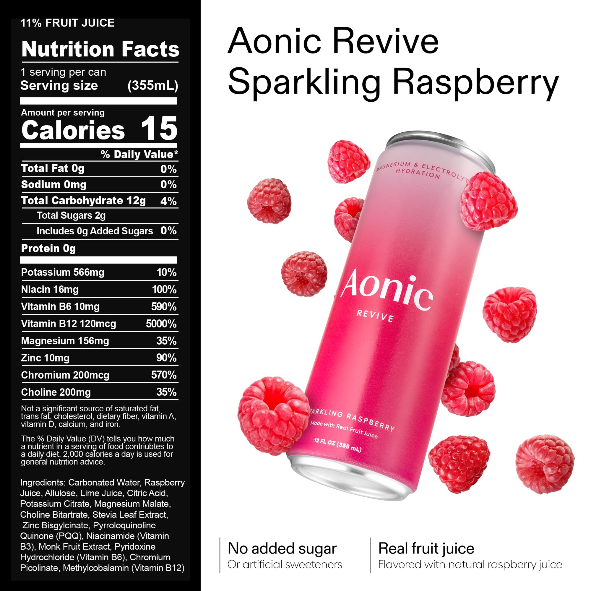 Close-up of Aonic Revive Raspberry flavor bottle with real fruit juice ingredients