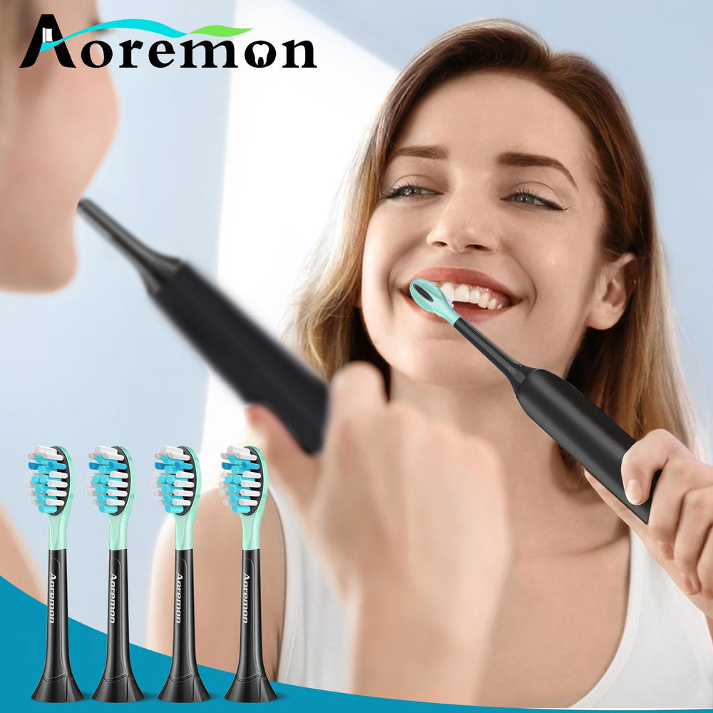 Black 4-count pack of Aoremon toothbrush replacement heads.