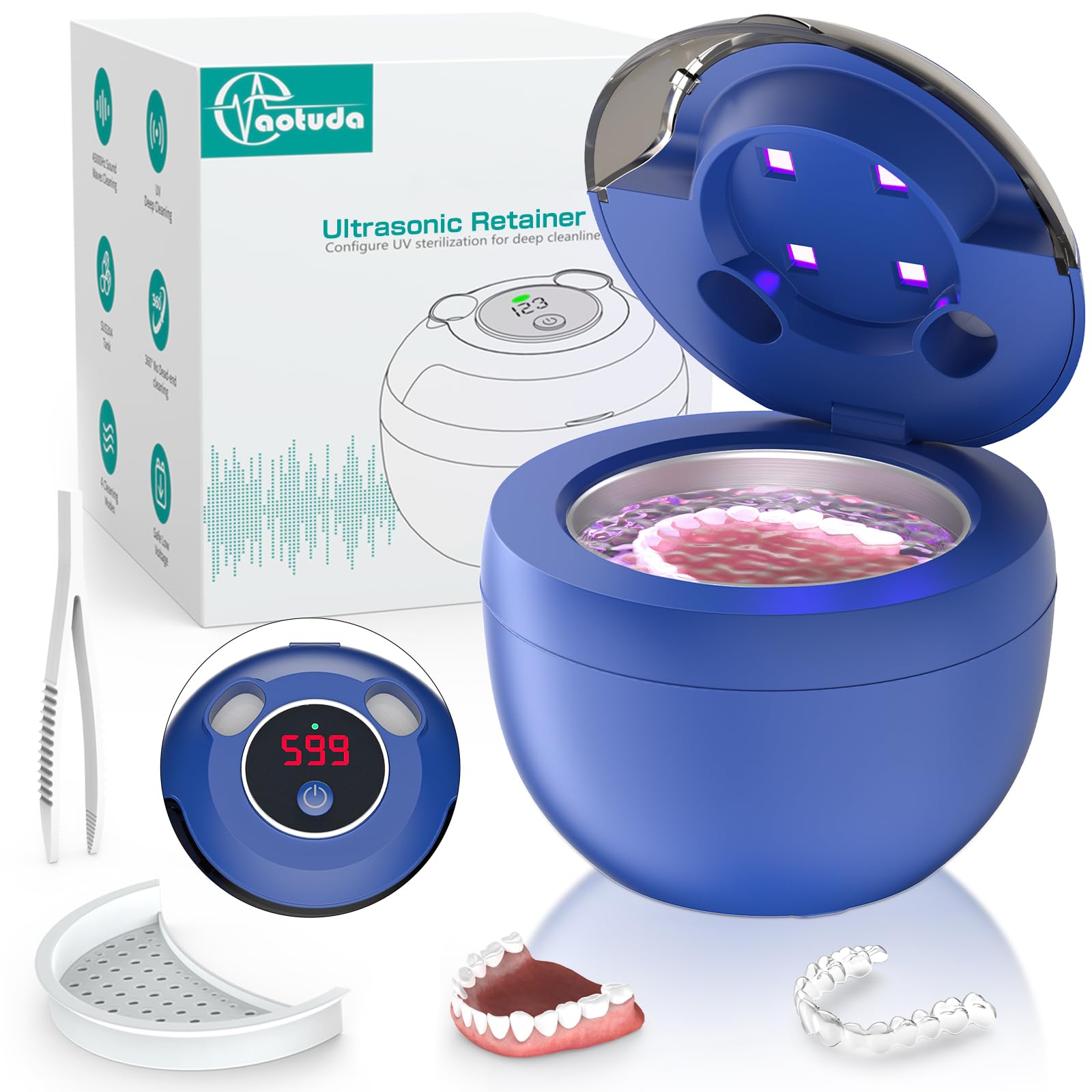 Front view of Aotuda 45kHz Ultrasonic Retainer Cleaner in navy blue