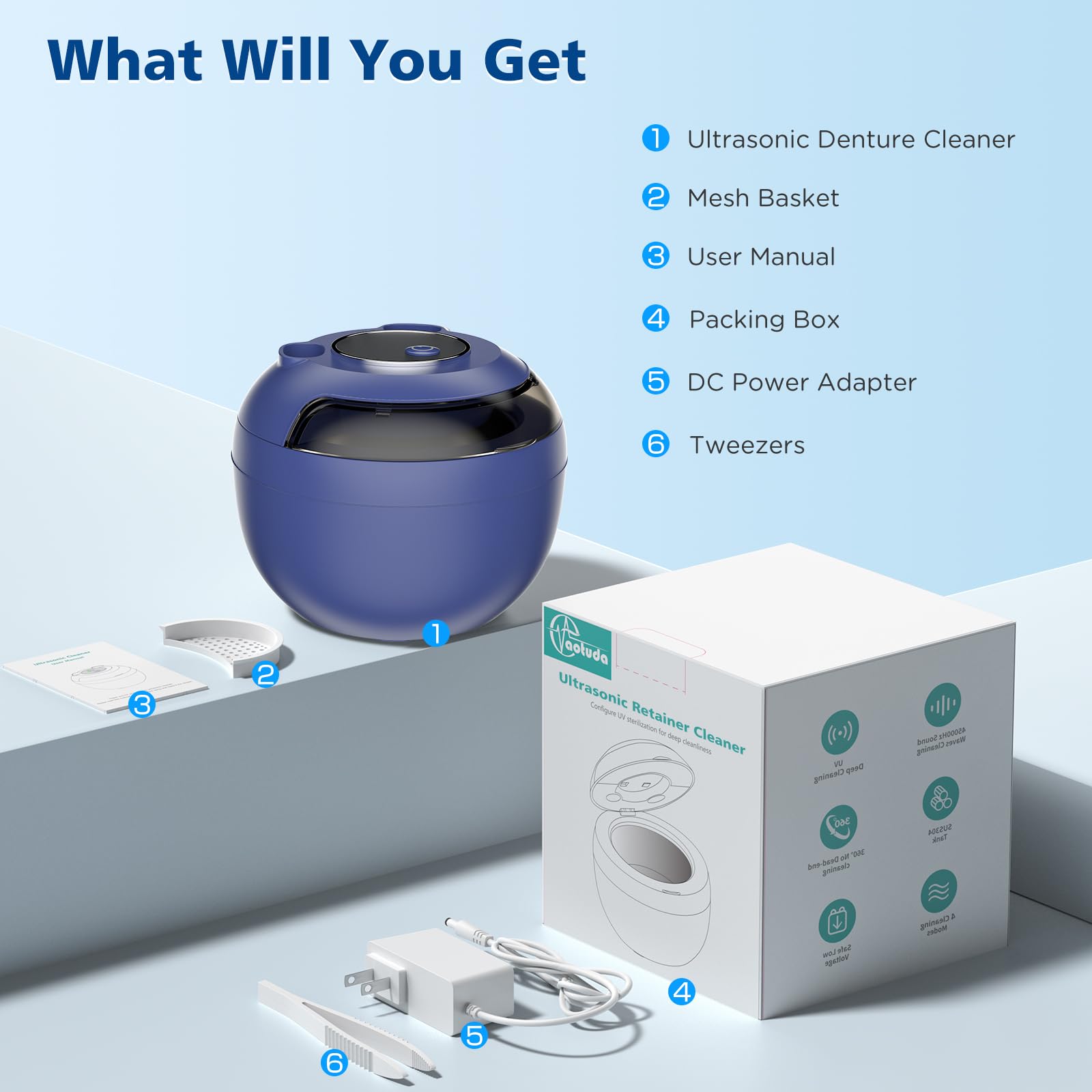 Package contents: cleaner, power adapter, user manual, tweezers, mesh basket