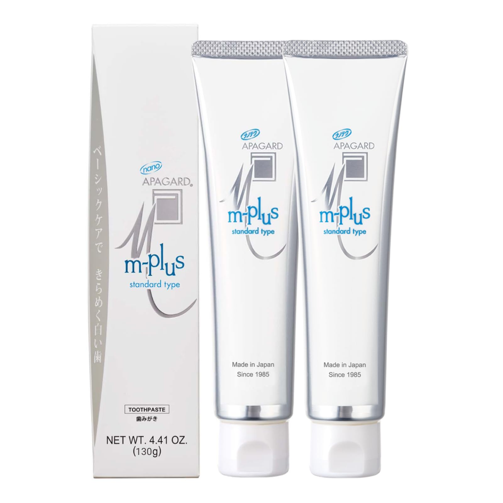 APAGARD M-Plus 2-pack toothpaste on a bathroom counter, fluoride-free, mild mint flavor