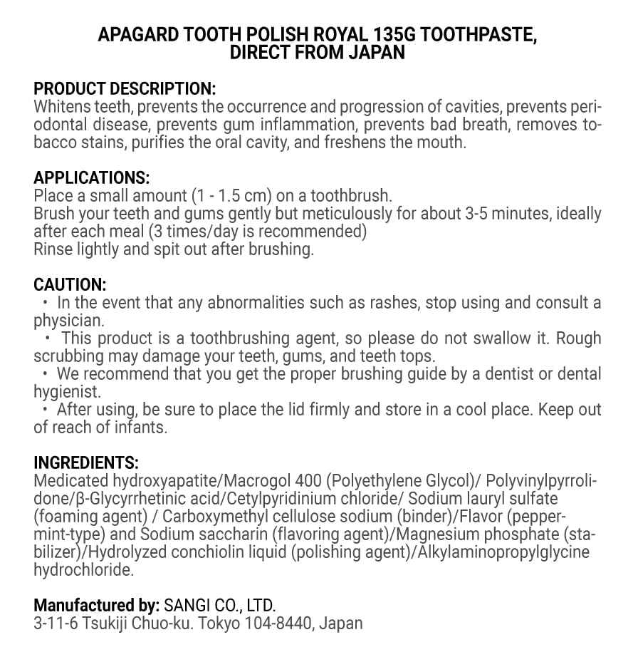 Back/label view of Apagard Tooth Polish Royal 135g