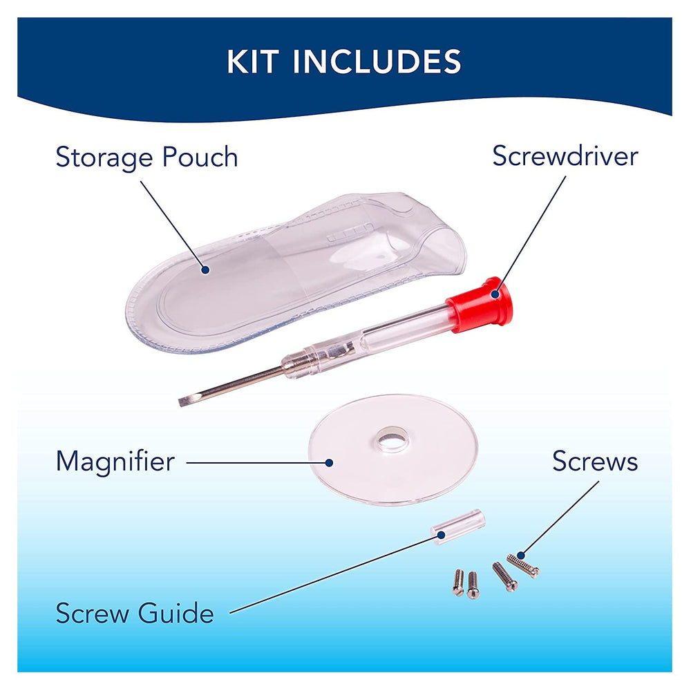 Eyeglass repair kit components laid out for easy use