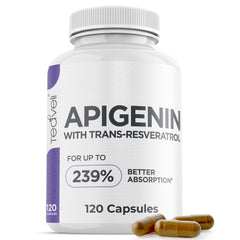 Bottle of Advanced Apigenin with Resveratrol supplement – 50mg Apigenin, 120 vegan capsules
