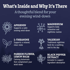 Ingredients layout for Apigenin Sleep Supplement: apigenin, magnesium, L-theanine, lemon balm, valerian, passionflower, and black pepper
