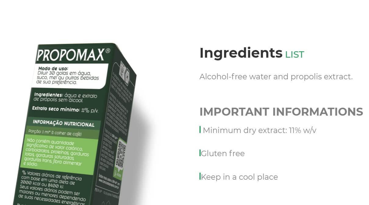 Ingredients and processing details for PROPOMAX propolis