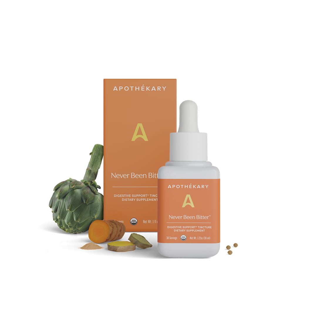 Apothékary Never Been Bitter bottle closeup showing alcohol-free digestive support