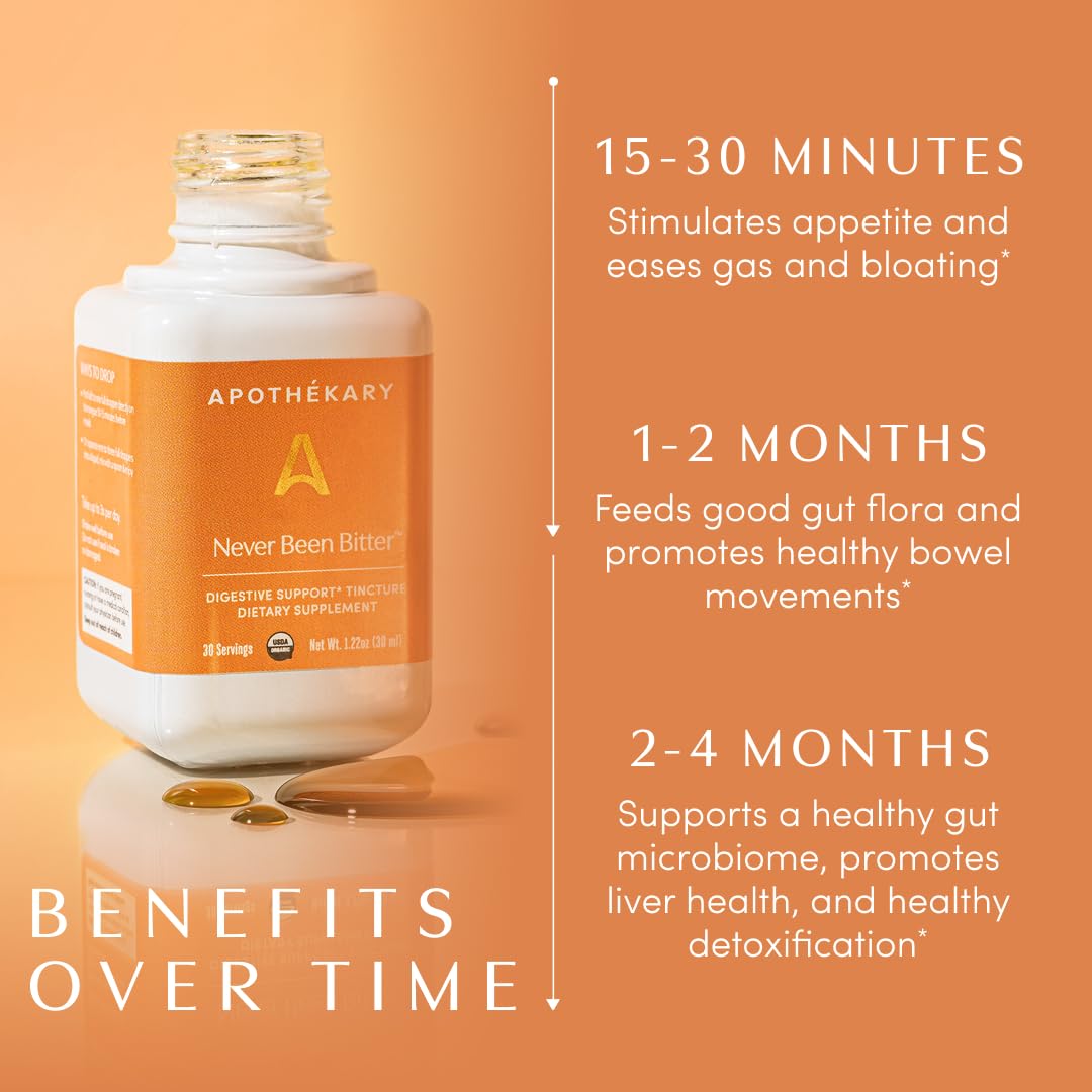 Apothékary Never Been Bitter ingredient label showing organic, vegan, gluten-free certification