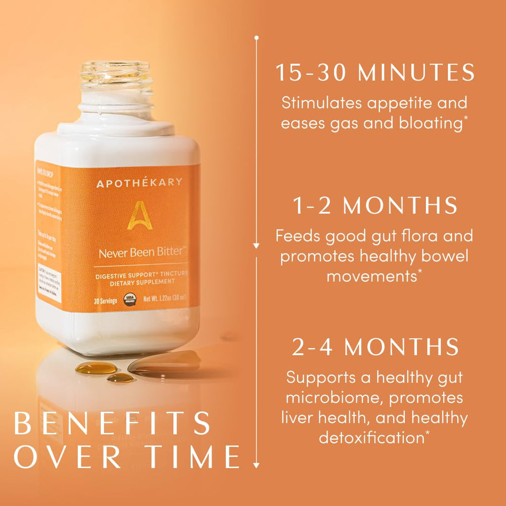 Apothékary Never Been Bitter ingredient label showing organic, vegan, gluten-free certification