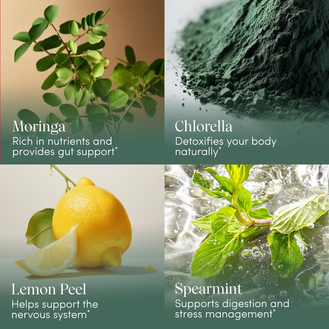 Close-up of ingredients including moringa, chlorella, spirulina, nettle and dandelion
