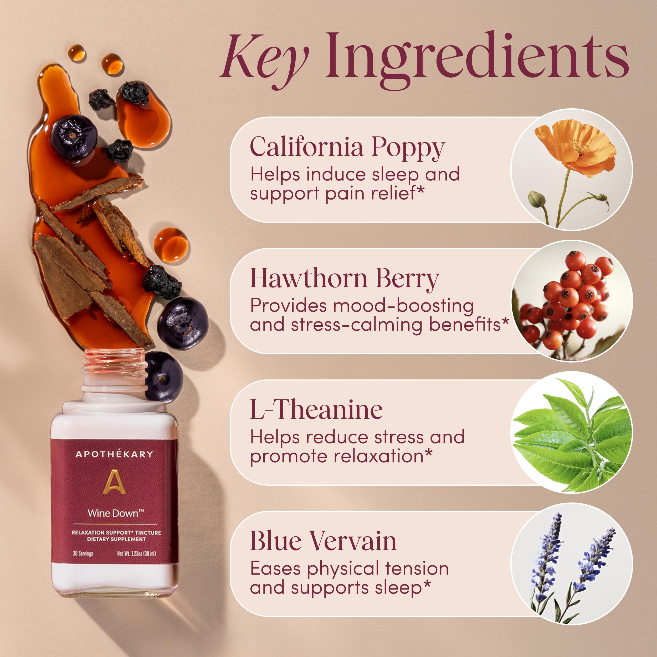 Ingredients visualization showing blue vervain, tart cherry and California poppy