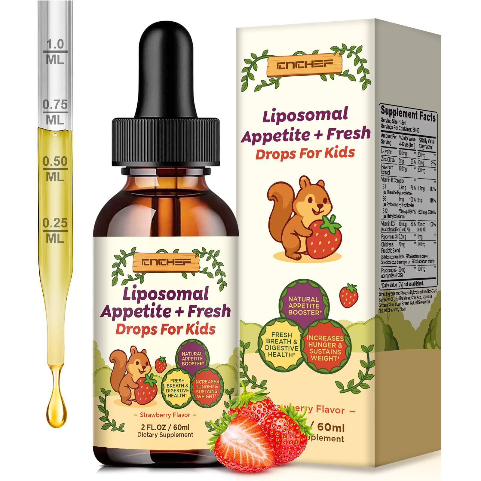 Front view of Appetite Booster & Bad Breath Drops bottle with Strawberry Flavor