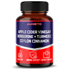 Bottle of Apple Cider Vinegar Berberine Turmeric Ceylon Cinnamon supplement with 150 vegetarian capsules, USA made.