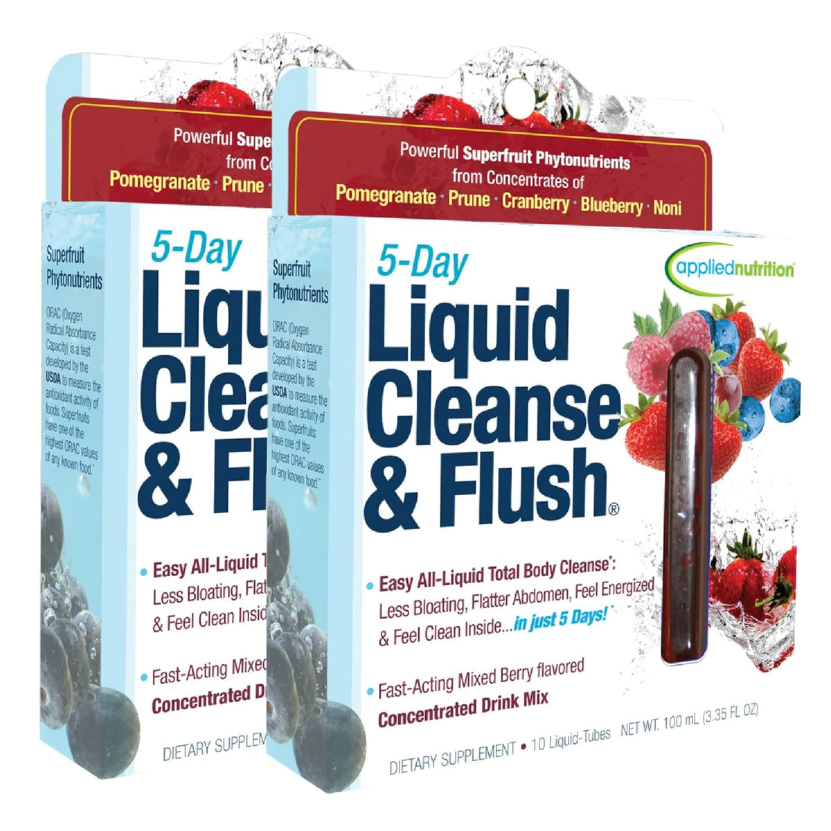 Front view of Applied Nutrition 5-Day Liquid Cleanse Flush 2-pack with 10 tubes per pack