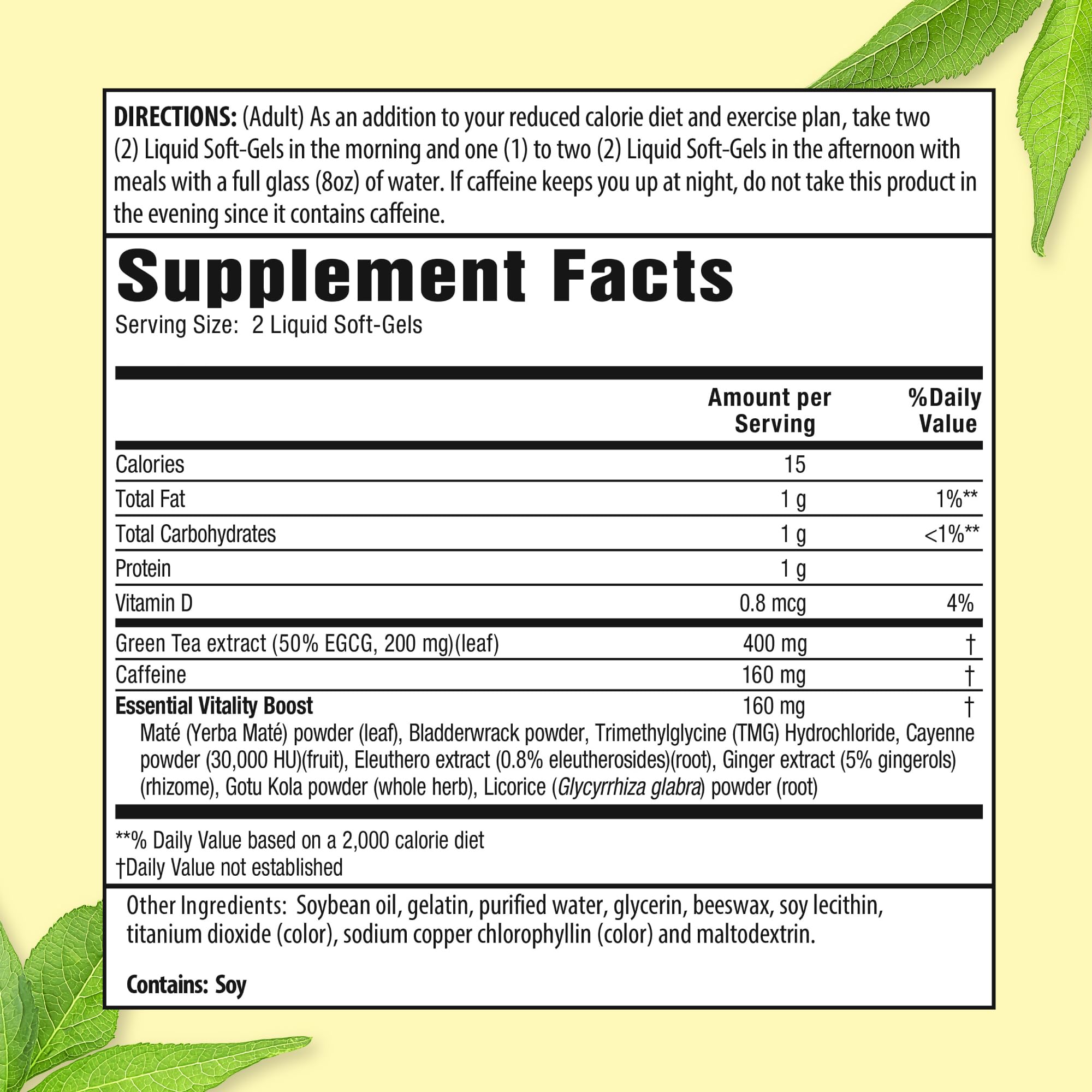 Back label of Applied Nutrition Green Tea Fat Burner 30-softgels pack