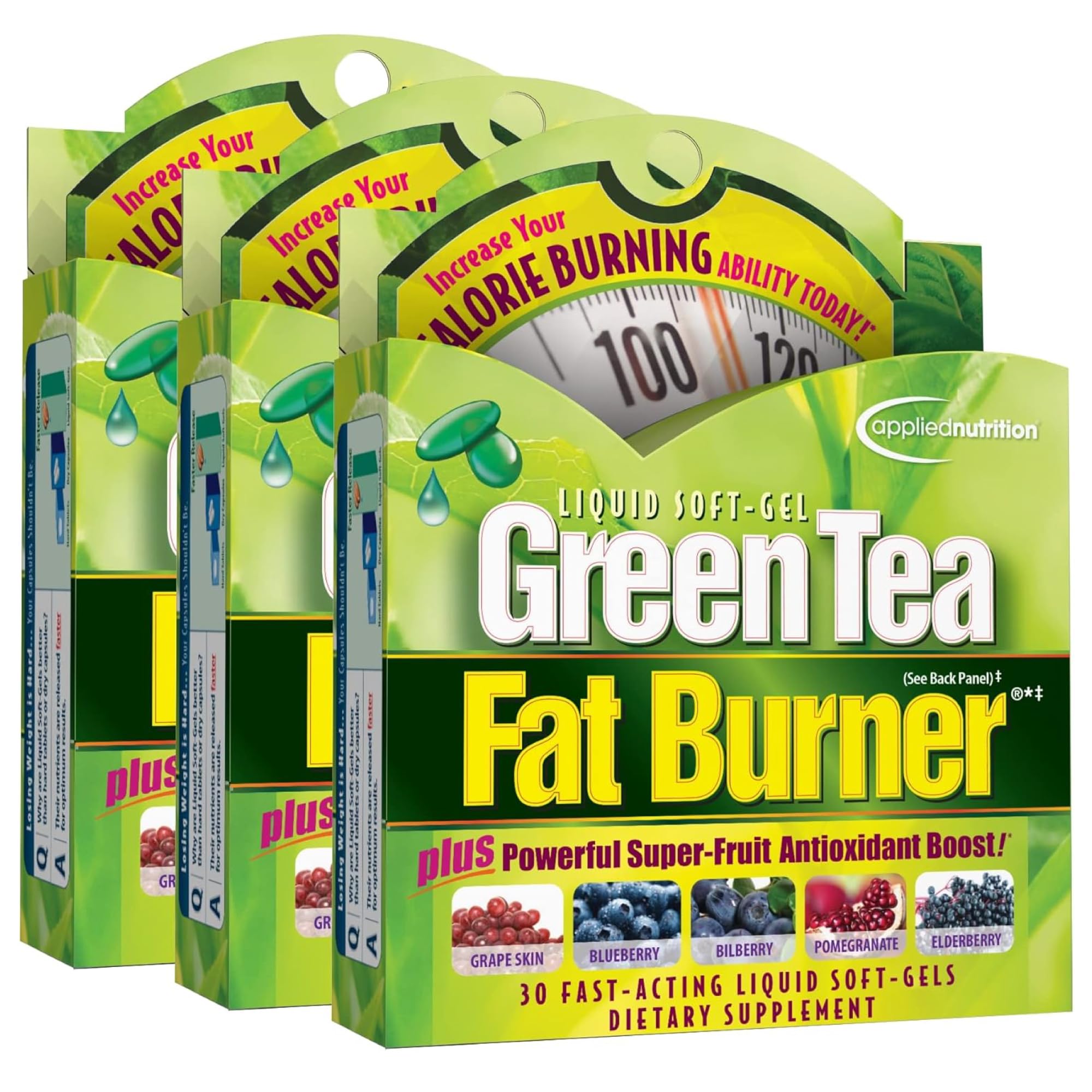 Front view of Applied Nutrition Green Tea Fat Burner 30-liquid soft-gels, pack of 3