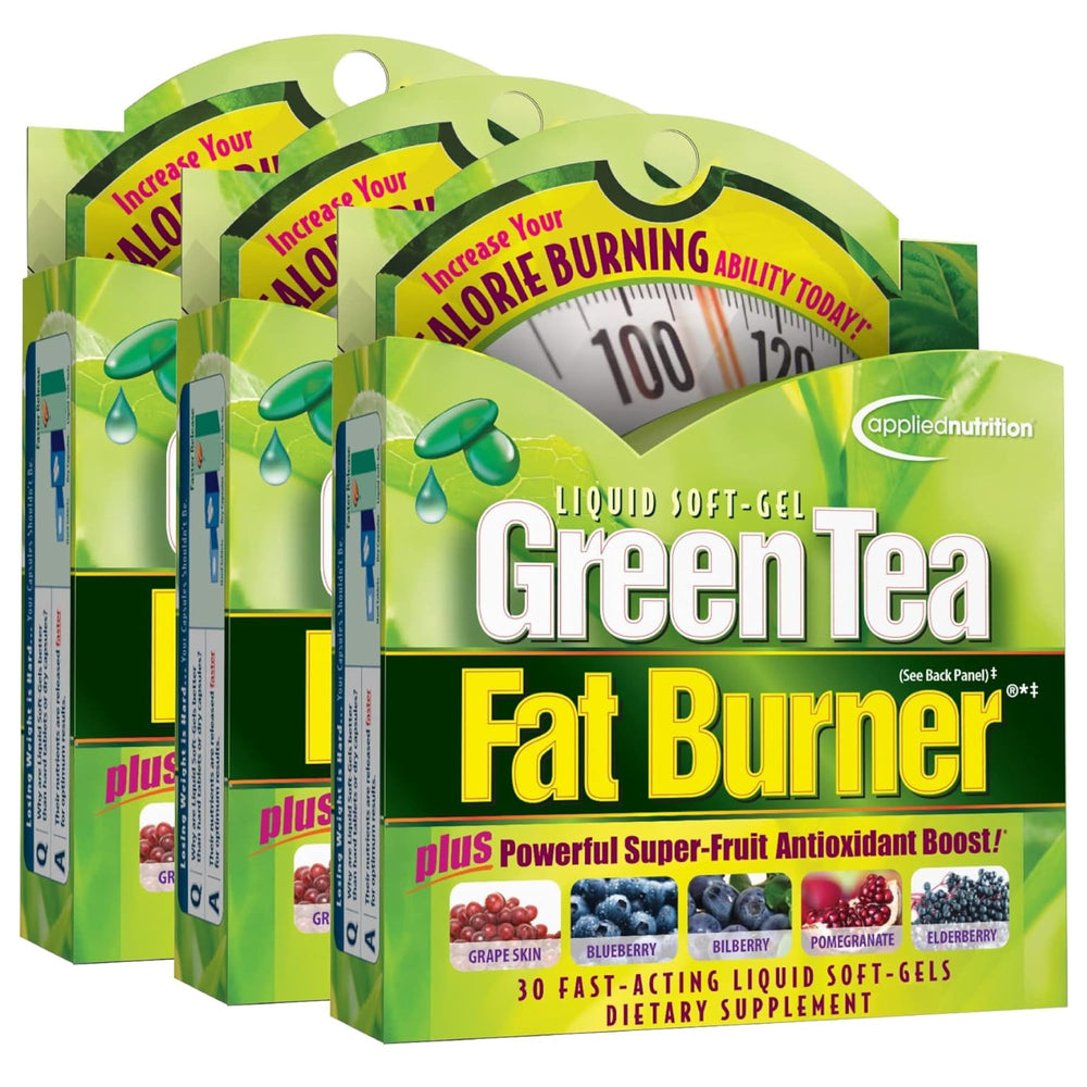 Front view of Applied Nutrition Green Tea Fat Burner 30-liquid soft-gels, pack of 3