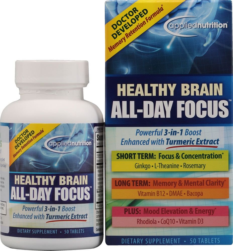 Bottle front view of Applied Nutrition Healthy Brain All-Day Focus tablets