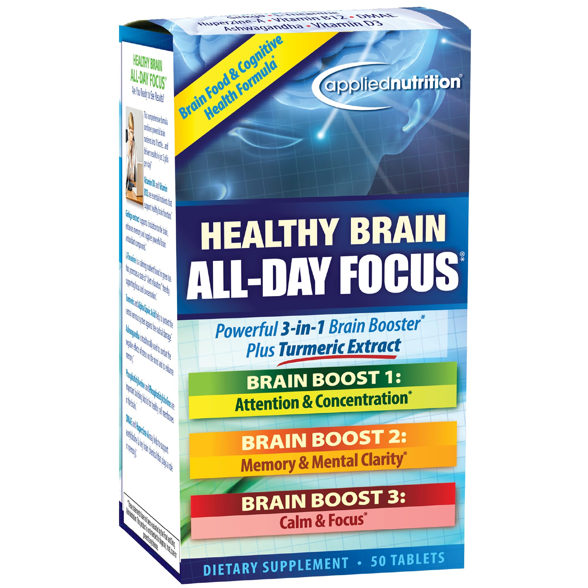 Applied Nutrition Healthy Brain All-Day Focus bottle front for daytime focus and clarity.