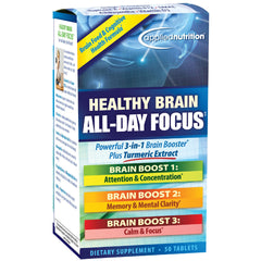 Applied Nutrition Healthy Brain All-Day Focus bottle front for daytime focus and clarity.