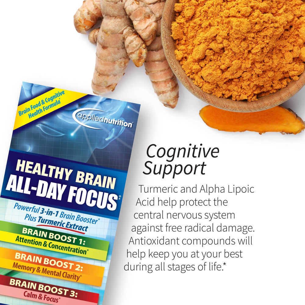 Applied Nutrition Healthy Brain All-Day Focus bottle on desk during daily routine.