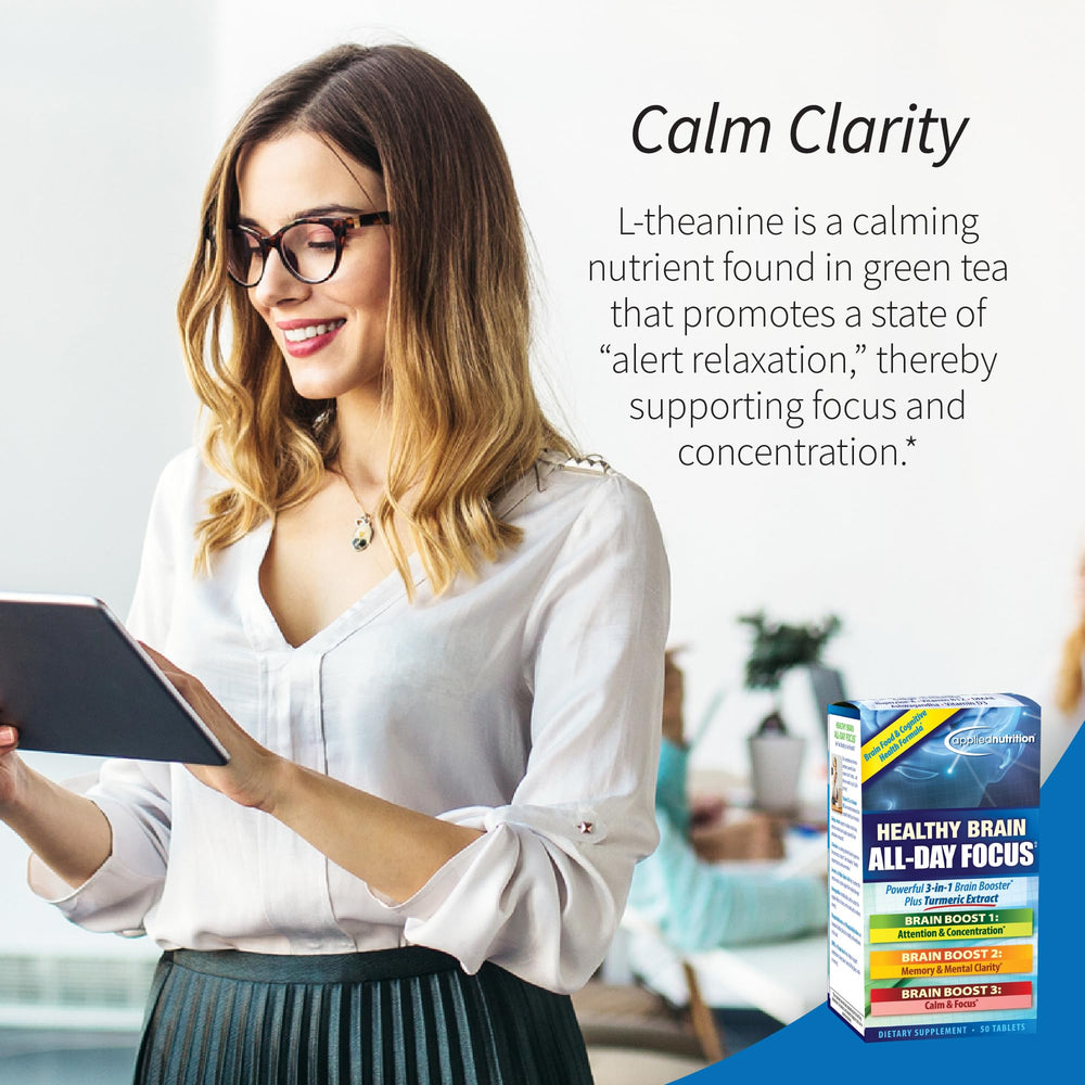Applied Nutrition Healthy Brain All-Day Focus turmeric extract visual implying antioxidant support.