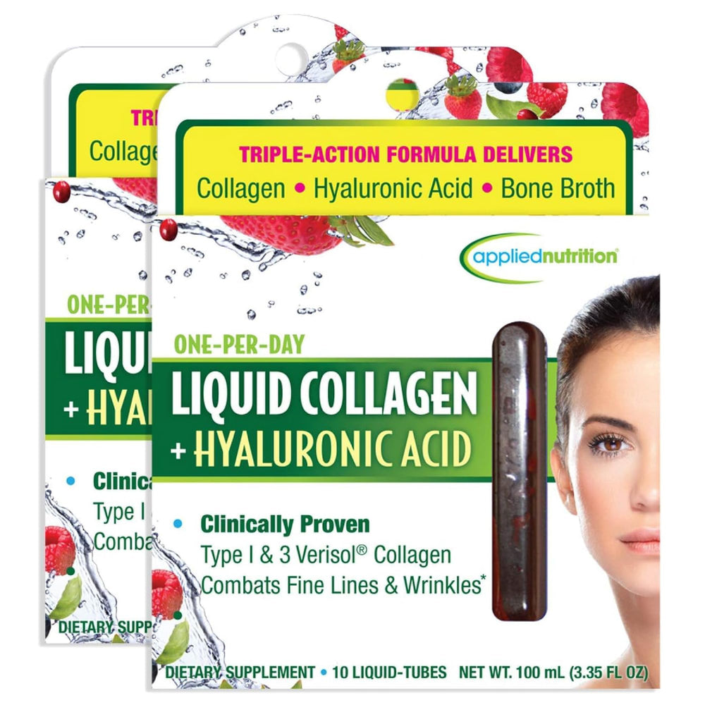 Front of Applied Nutrition Liquid Collagen + Hyaluronic Acid box and tubes