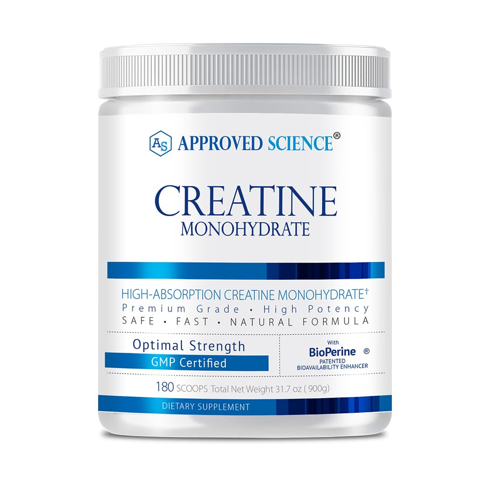 Front view of Approved Science Creatine Monohydrate with BioPerine bottle