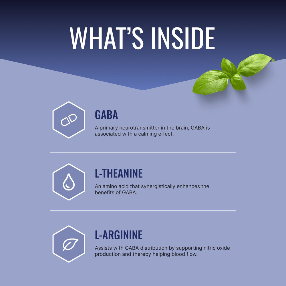 GABA+ ingredients highlighting GABA 600 mg and BioPerine