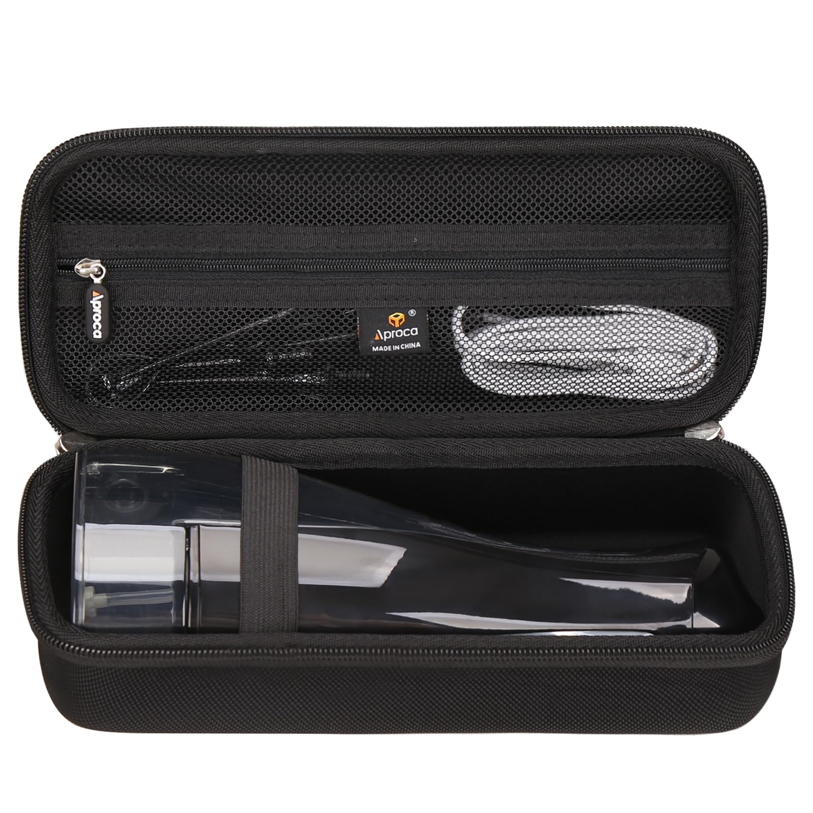 Aproca black hard travel case opened to show exterior and interior layout for COSLUS F5020E