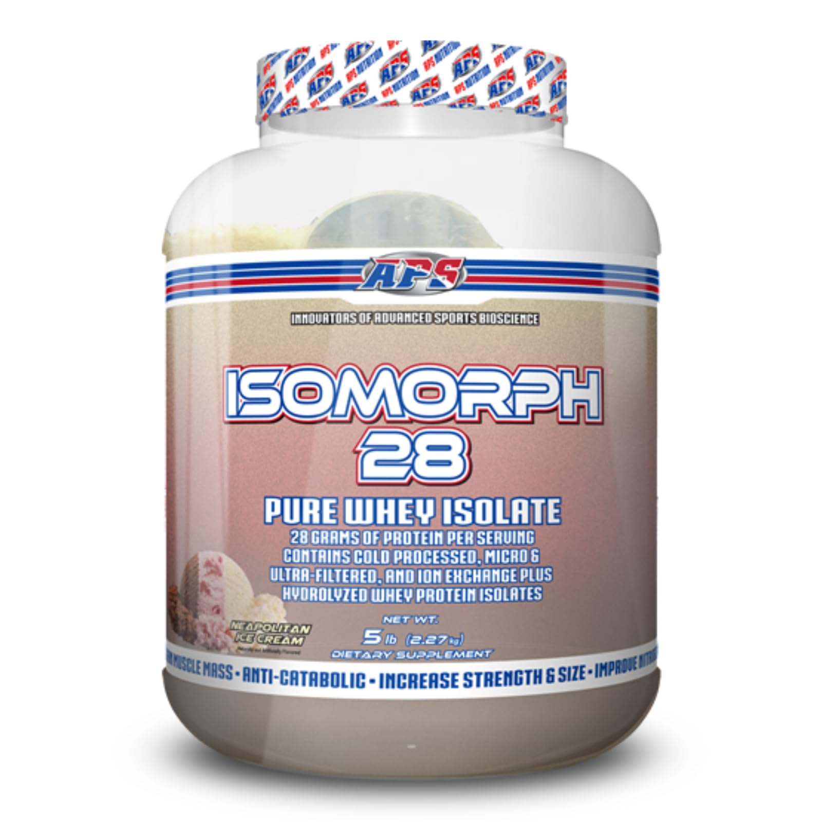 APS Nutrition Isomorph 28 protein powder bottle with Neapolitan swirl for muscle support