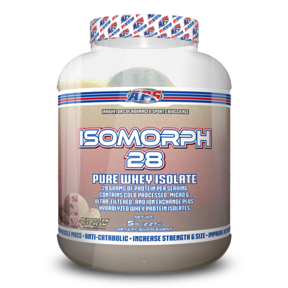 APS Nutrition Isomorph 28 protein powder bottle with Neapolitan swirl for muscle support