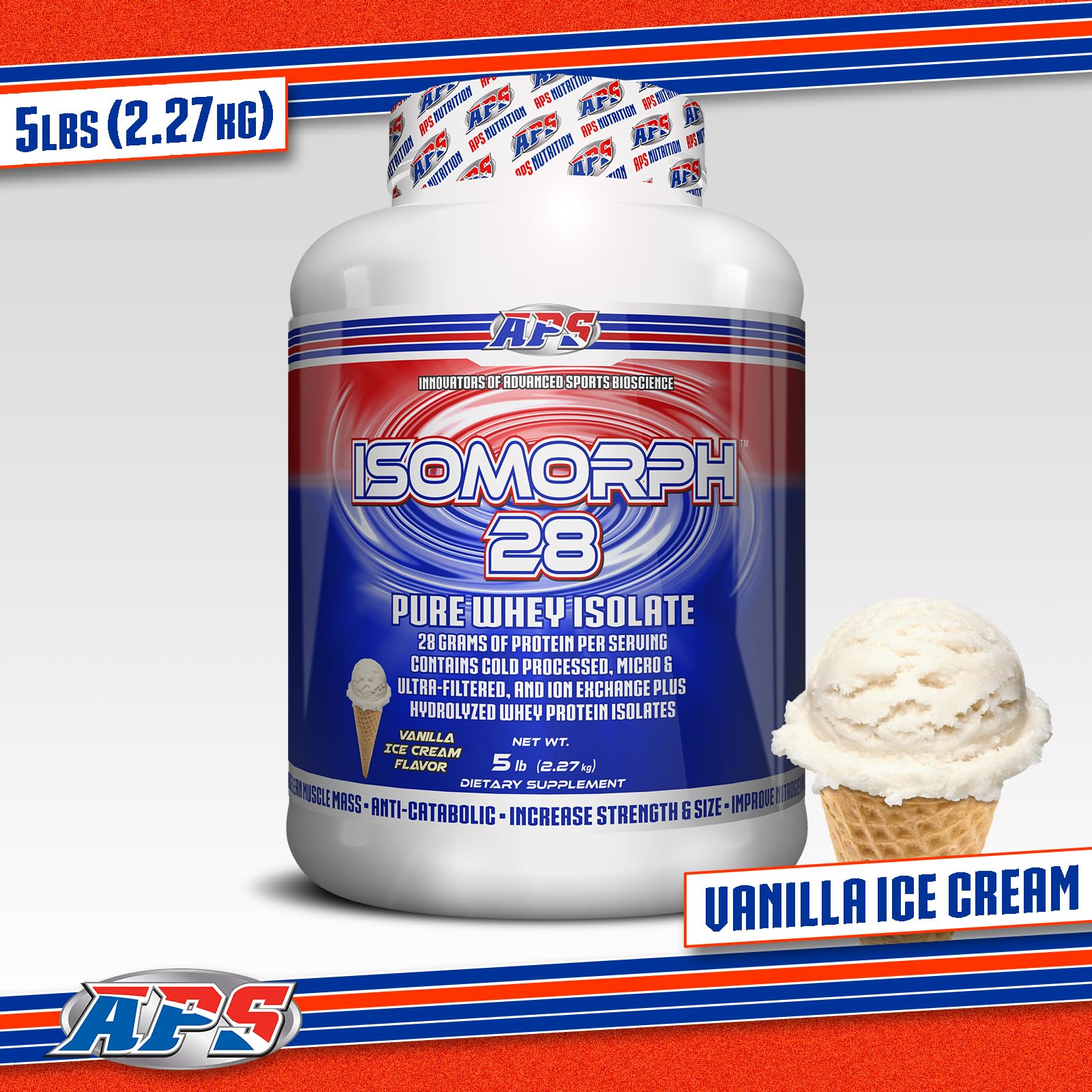APS Nutrition Isomorph 28 tub on a kitchen counter for easy post-workout protein access.