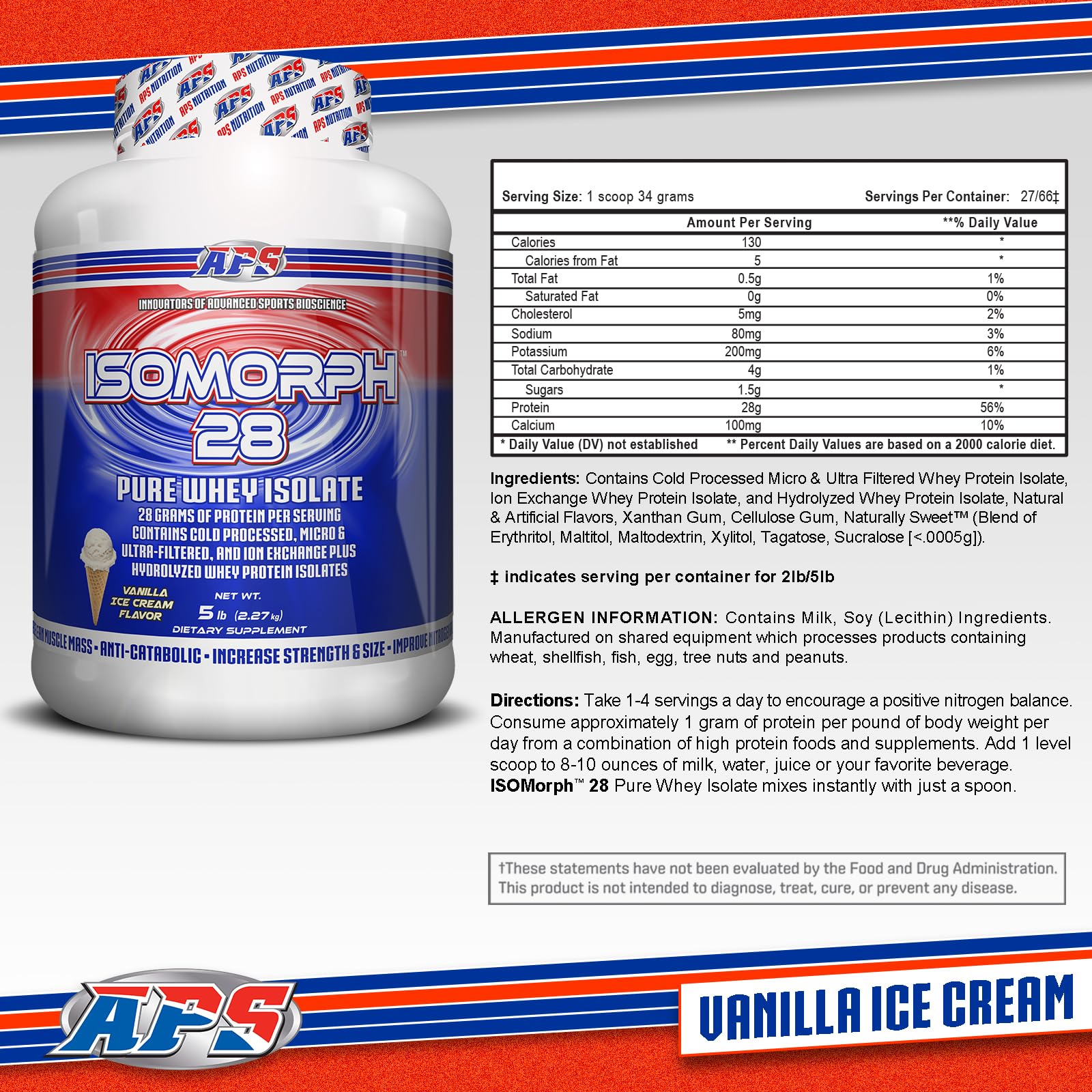 APS Nutrition Isomorph 28 vanilla ice cream flavor tub for creamy, low-fat protein shakes.