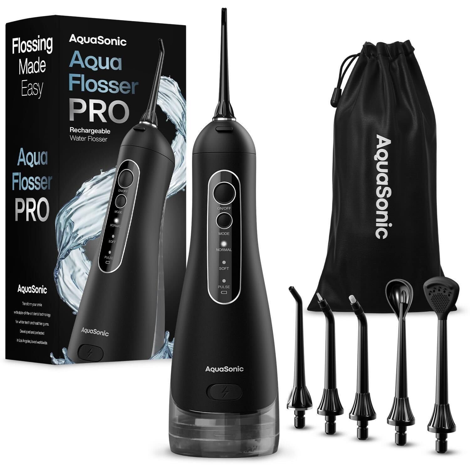 Front view of AquaSonic Aqua Flosser PRO in black