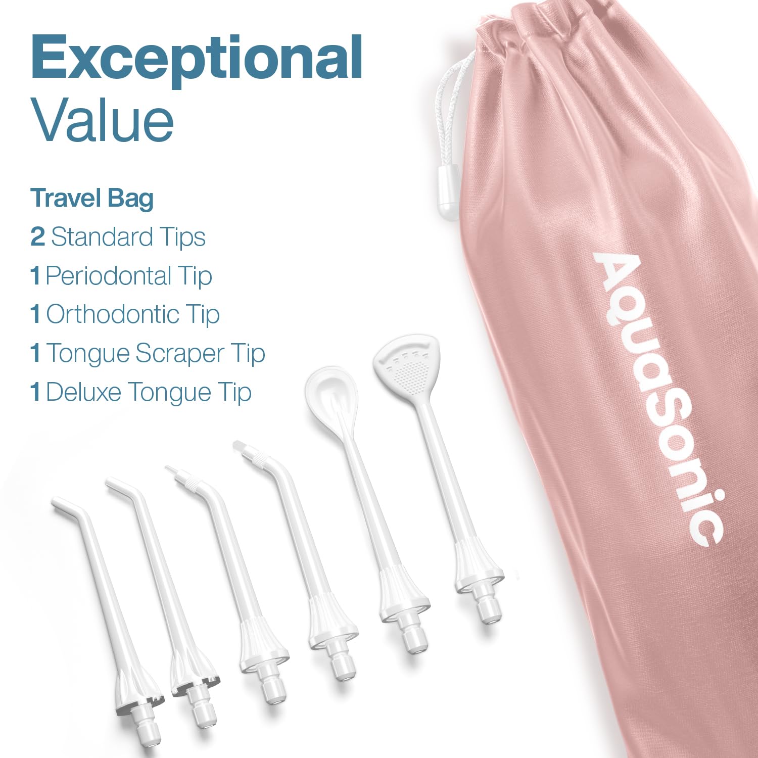 Three flossing modes and six tips included with Aqua Flosser PRO