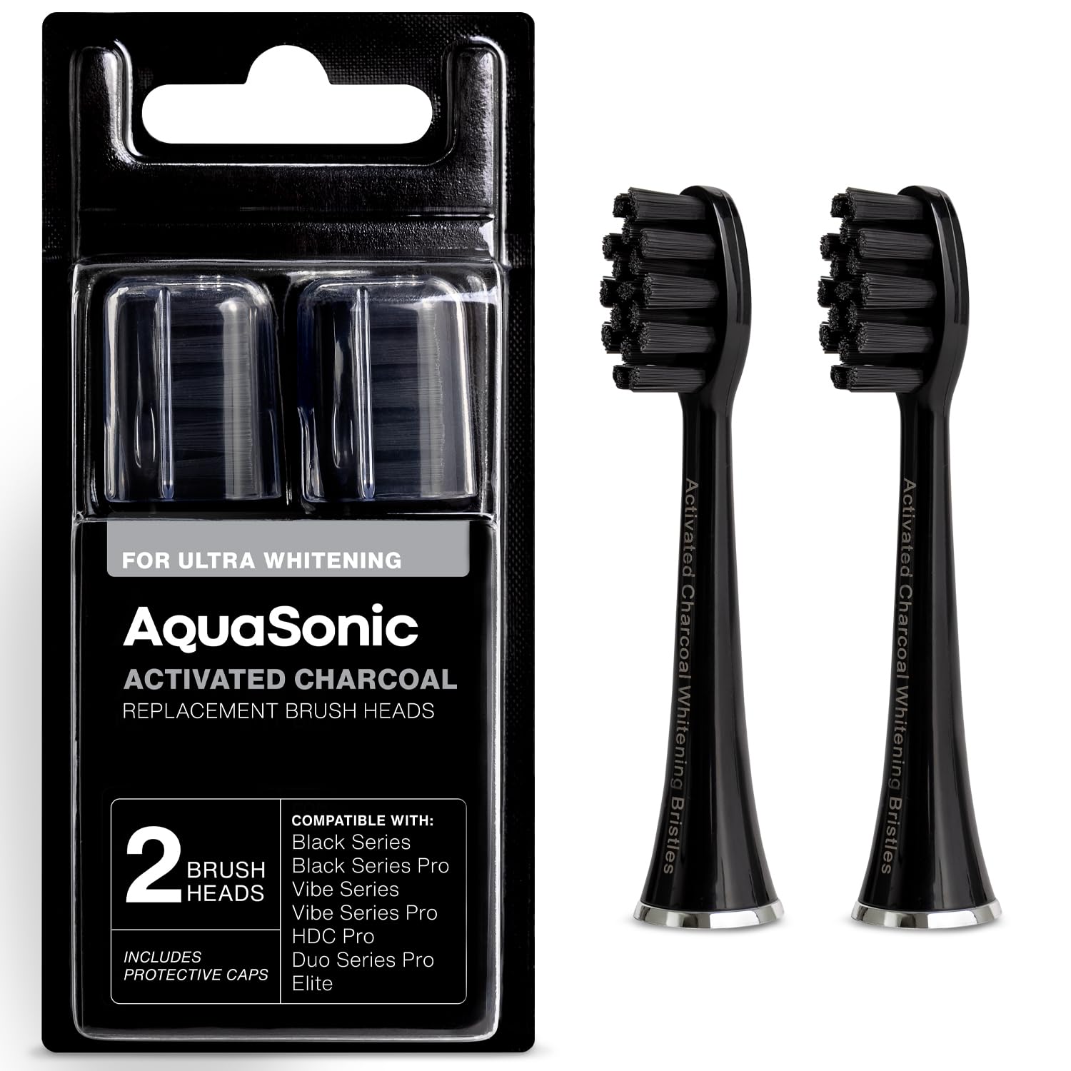 Front view of AquaSonic Activated Charcoal Brush Heads 2-Pack