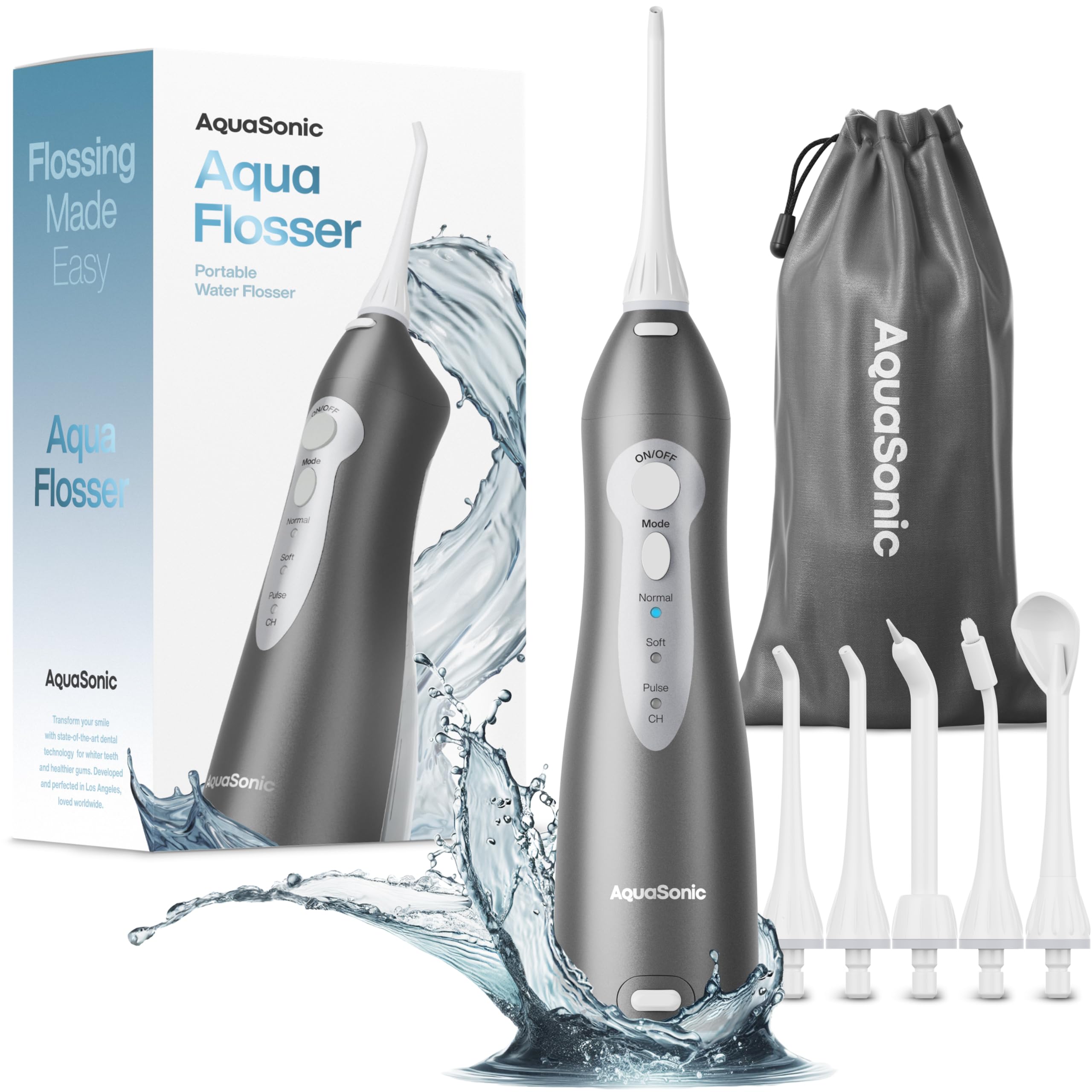 AquaSonic Water Flosser cordless unit on a bathroom counter