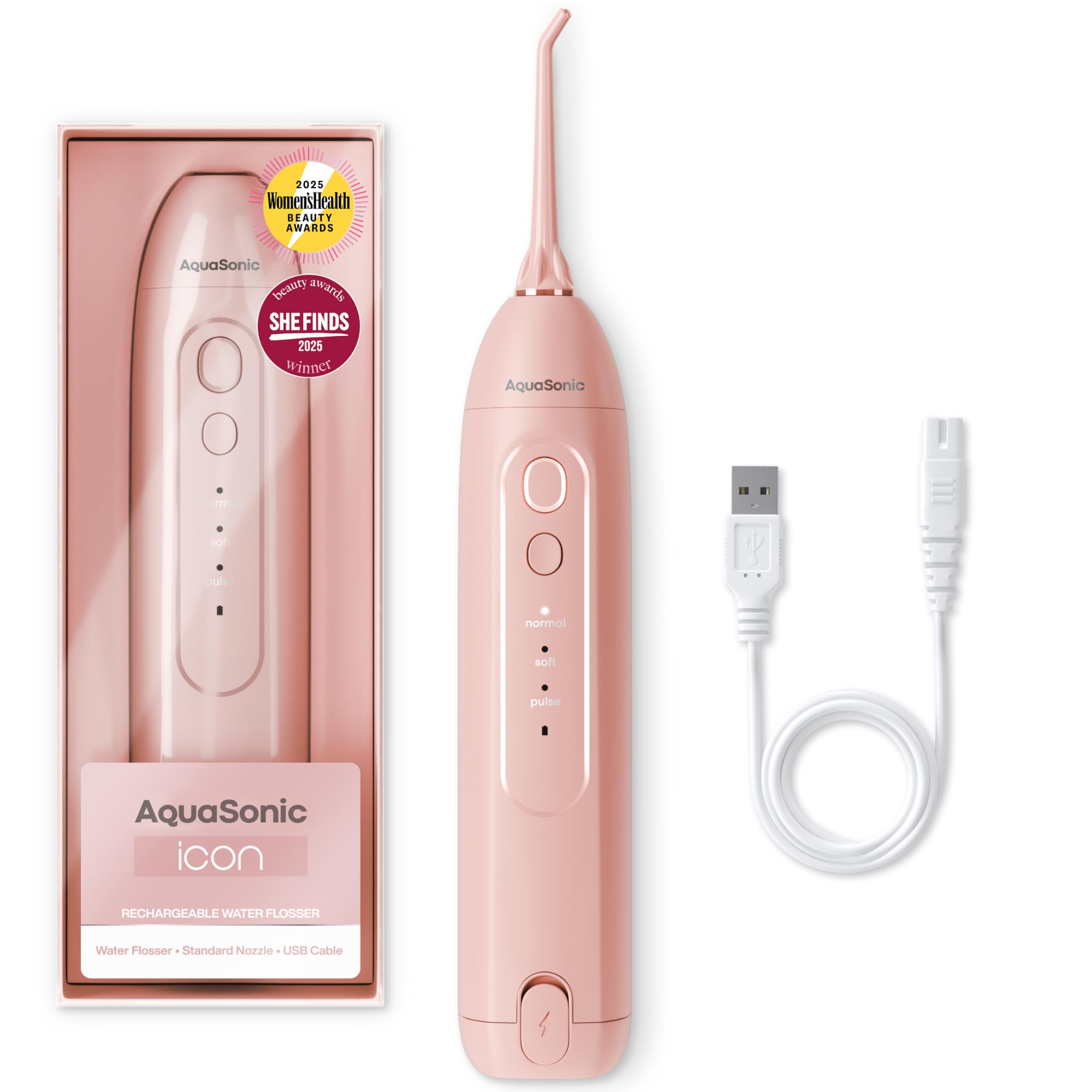 AquaSonic Icon Water Flosser handheld device in blush color