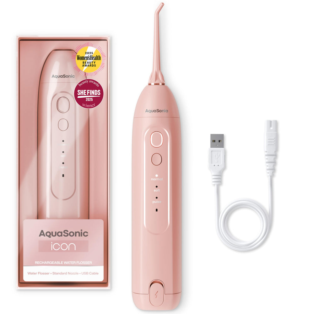 AquaSonic Icon Water Flosser handheld device in blush color