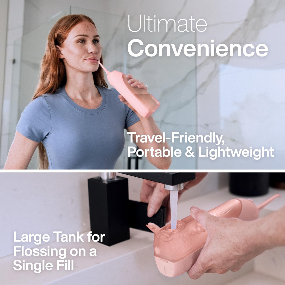 Lifestyle shot: Icon Water Flosser on bathroom counter in blush