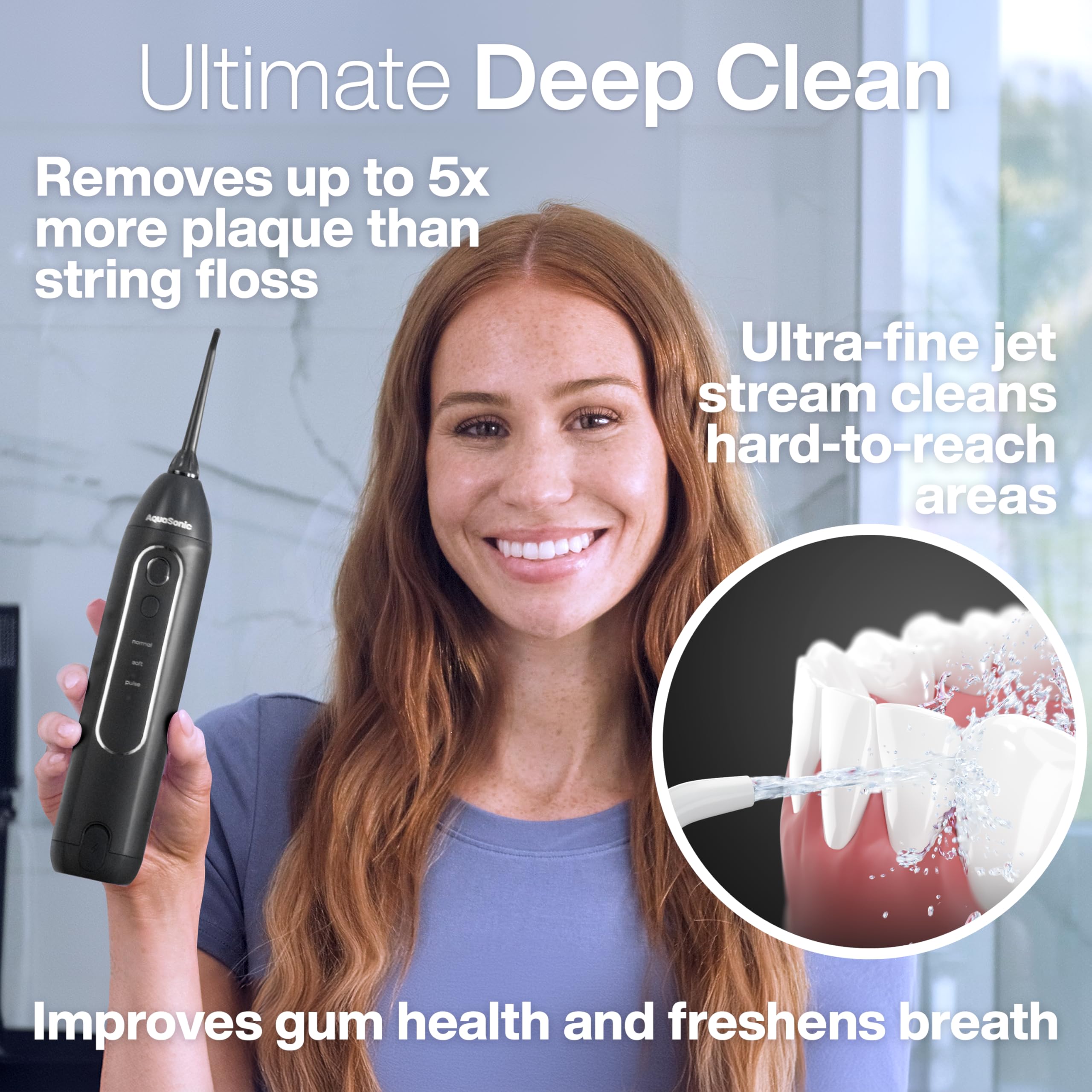 Front view of cordless AquaSonic Icon Water Flosser in Onyx