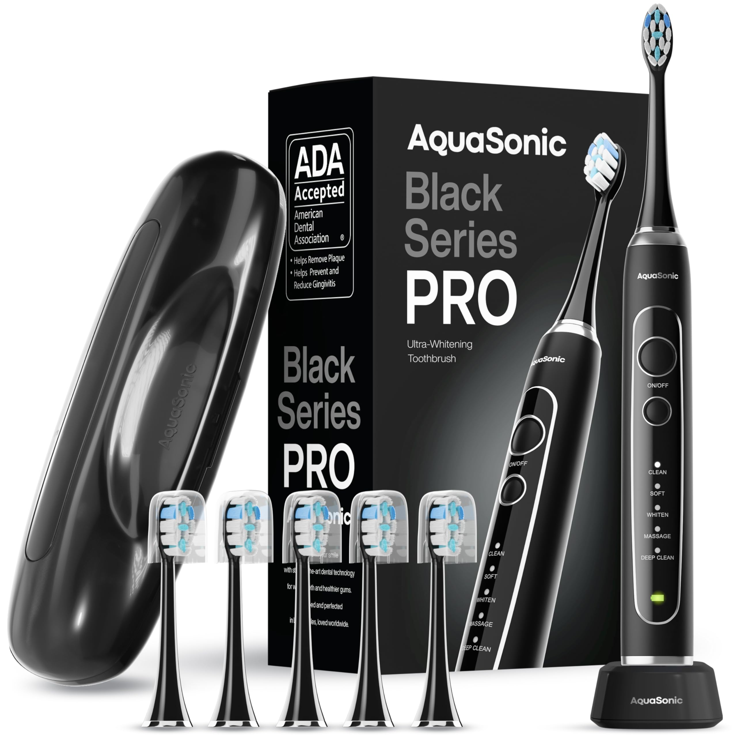 Front view of Aquasonic Black Series PRO toothbrush