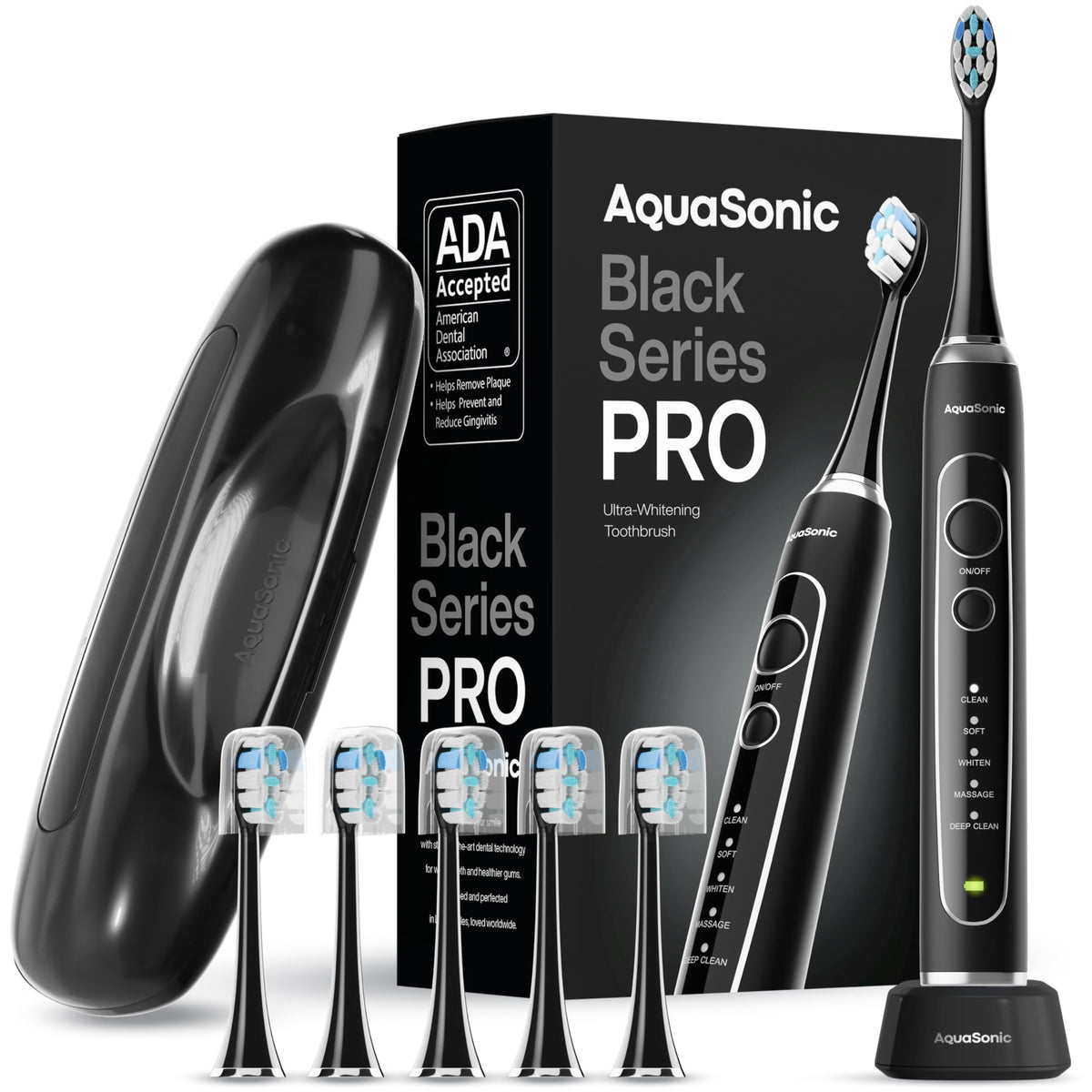 Front view of Aquasonic Black Series PRO toothbrush