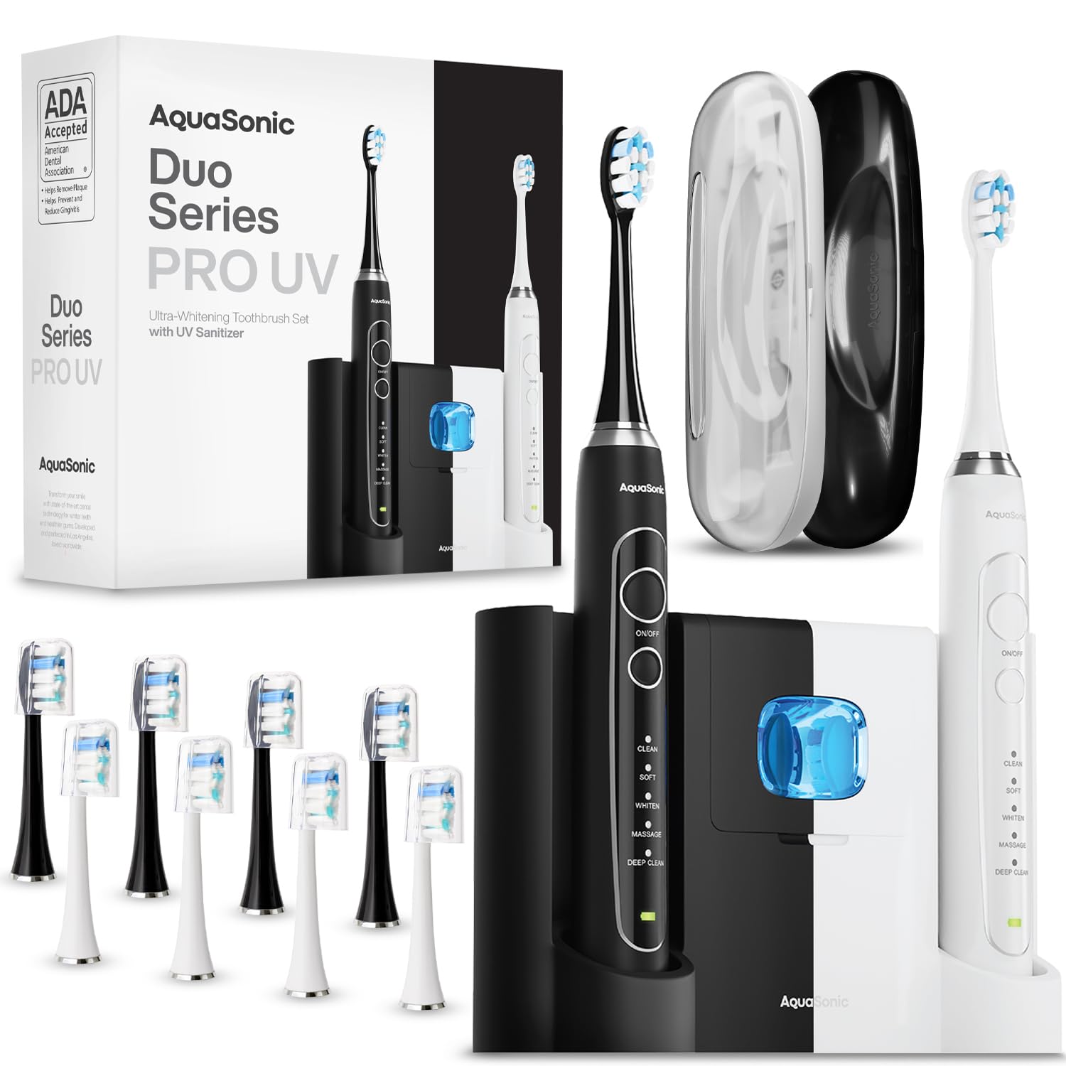 Front view of Aquasonic Duo Series PRO UV electric toothbrush