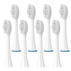 Eight-pack AquaSonic compatible toothbrush heads with soft bristles.