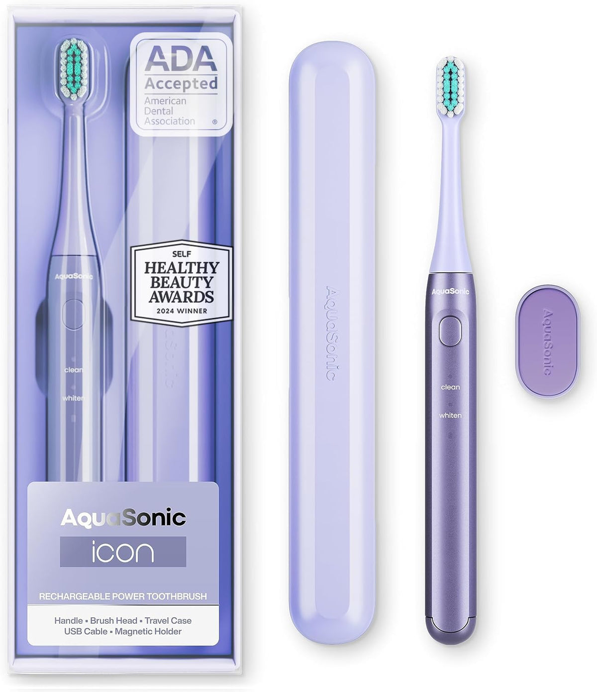 Aquasonic Icon Lilac rechargeable toothbrush with brush head attached