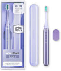 Aquasonic Icon Lilac rechargeable toothbrush with brush head attached